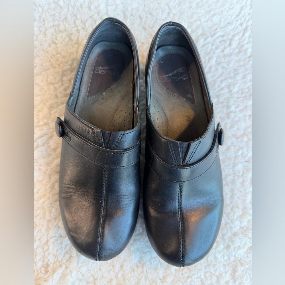 Dansko Mary Jane Clog Heels Black Leather Size 38 Comfort Work Shoe Women’s